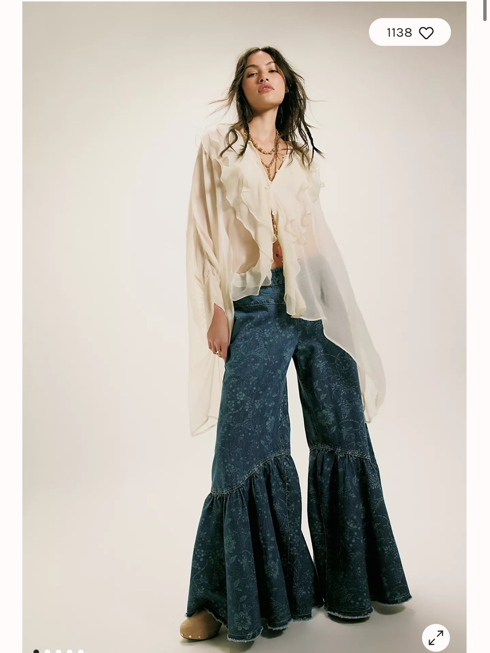 Free People Sunshine Mid Rise Wide Leg Tiered Flare Jean Floral Blue Combo S